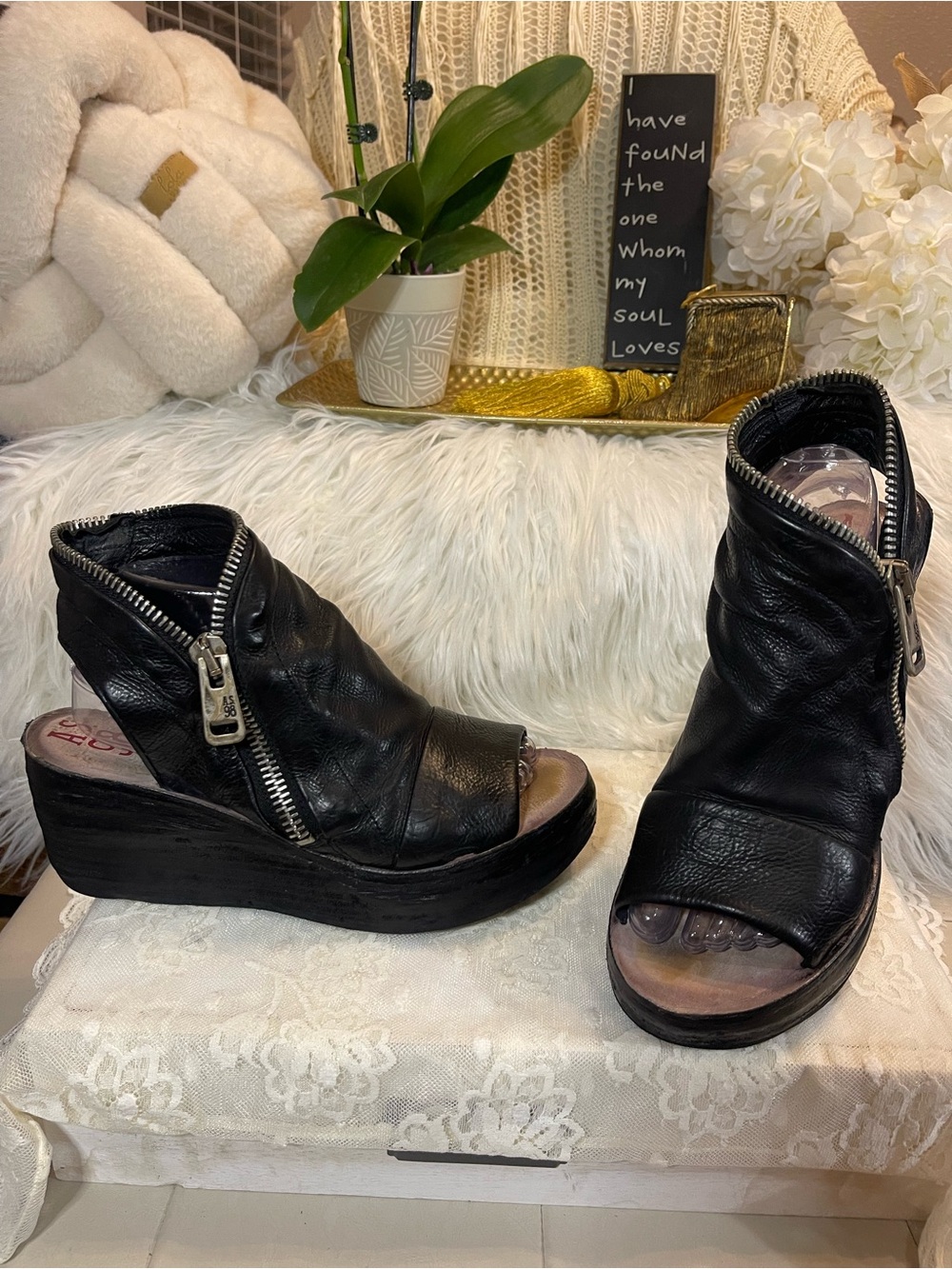A.S.98 Naylor Wedge Sandal in Black Premium Italian Calf Leather MSRP$330